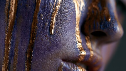 Fototapeta premium Extreme close up, deep violet skin, dripping liquid rose gold, hyper-realistic pores, creative beauty stock