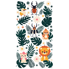 Obraz premium Cute Jungle Animals and Tropical Plants Vector Illustration