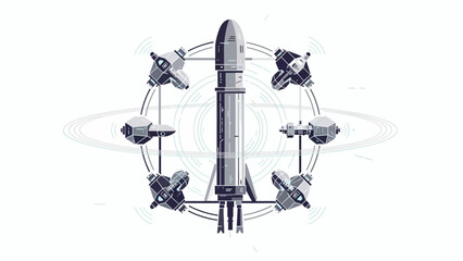 A central rocket surrounded by orbiting spacecraft in a clean digital illustration © Arisa