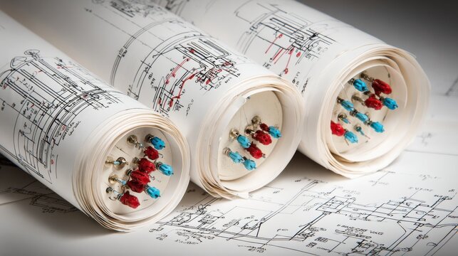 Electrical engineering drawings on rolls of paper, electrical engineering, drawings, schematics