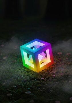 An impossible glowing geometric cube rests softly on a mossy, dark forest floor, shrouded in thick, swirling mist and deep shadow, inexplicable, cube, background