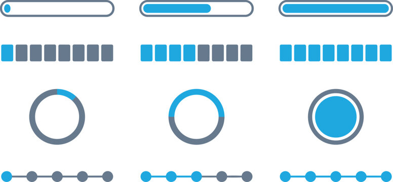 Digital Progress Bar and Loading Status Vector Icon Set with Circular Indicators, Segmented Blocks, and Timeline Steps for Website and Mobile Application User Interfaces