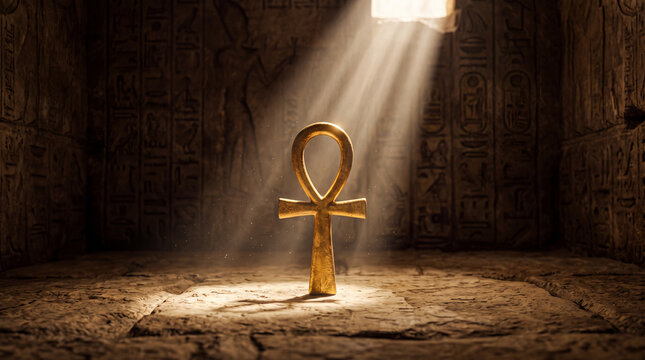 Golden ankh symbol standing on stone floor inside an ancient Egyptian temple with dramatic light rays shining from above through a small opening