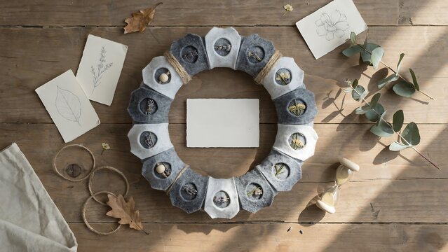 Round gift box arrangement with blank card mockup on rustic wooden table for festive celebration