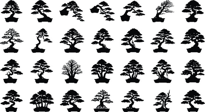 Black silhouettes of bonsai trees on white background, various styles tree silhouettes black and white