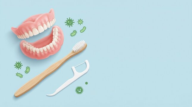 Set of human dentures with bamboo toothbrush and floss pick on light blue flat background.