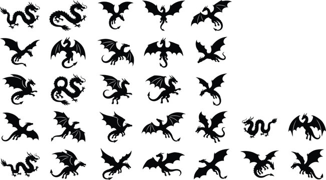 Black silhouettes of dragons and snakes on white background, 35