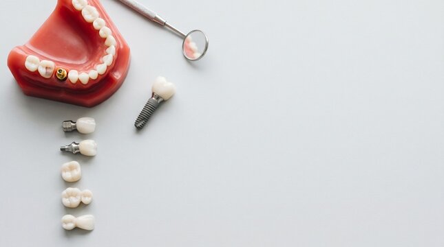 Dental implants and crowns with model jaw and tools on light gray background.