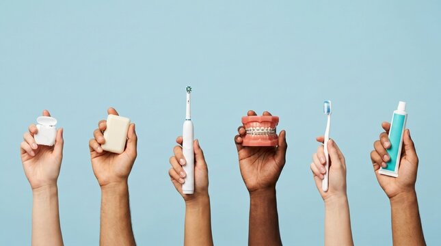 People holding dental hygiene products and orthodontic teeth model for oral health care.