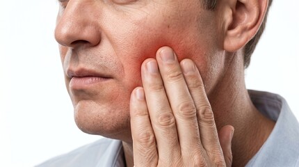 Fototapeta premium Man suffering from severe toothache touching cheek with hand on clean white background.