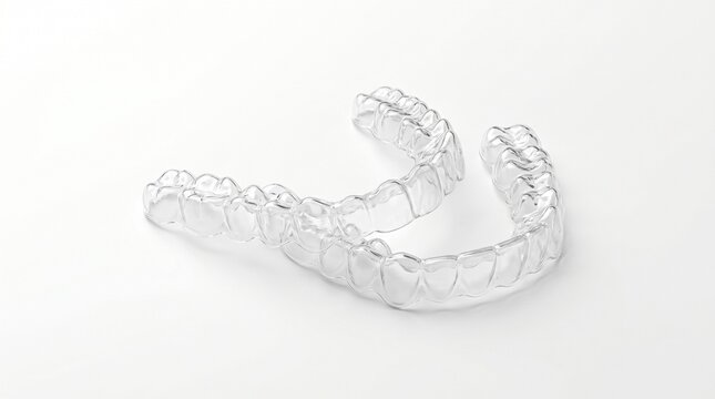 Pair of clear plastic dental aligners used for orthodontics on simple clean white space.