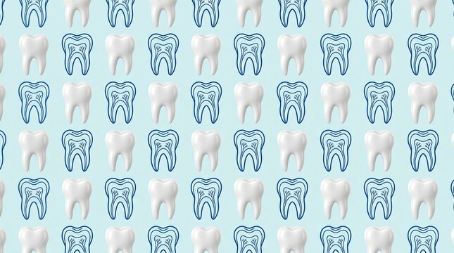 Seamless pattern with rendered white teeth and blue line art roots on light blue backdrop.