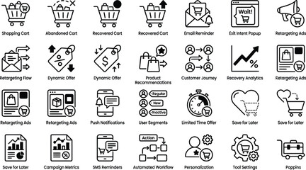 Vector line icon set of ecommerce shopping cart abandonment customer recovery remarketing discounts sms notifications retention funnel and analytics widgets © Fahim Abrar