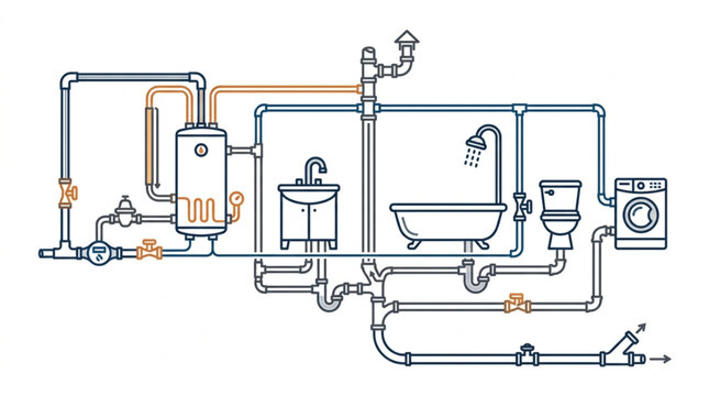Detailed plumbing system diagram for a residential bathroom and laundry area.