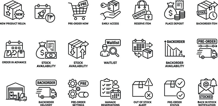 Vector line icon set of ecommerce retail product launch preorder management backorder tracking inventory availability and stock reservation widgets