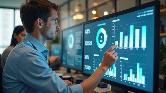 Profesional trabajando con m&eacute;tricas de rendimiento en una pantalla digital n&iacute;tida, con un fondo de oficina moderna desenfocado