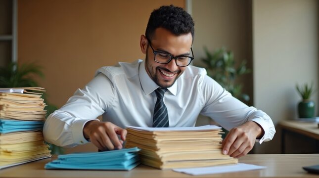 Empleado de oficina sonriente organizando numerosos registros empresariales en una estructura de archivo l&oacute;gica