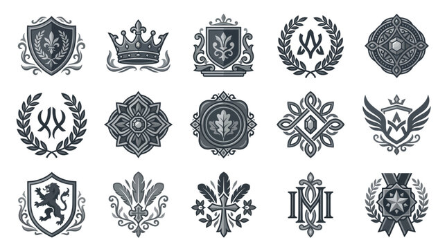 Detailed vintage heraldic crests and ornate monograms.