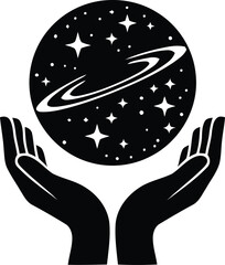Human open hands holding planet with rings and shining stars silhouette vector concept for universe protection isolated on white background © MSTRUBINA