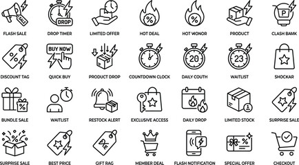 Fototapeta premium Vector line icon set of ecommerce flash sale countdown timers product drops discount labels scarcity marketing promotions and waitlist urgency widgets