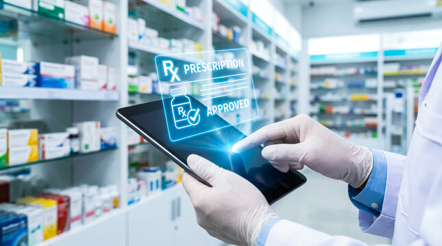 Pharmacist using a digital tablet to approve a prescription in a pharmacy