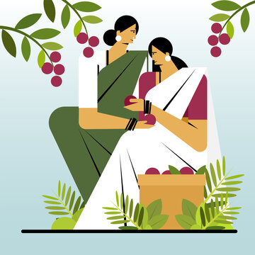 Conceptual vector illustration of two Indian women harvesting fresh fruit together, celebrating rural life, sustainable agriculture and community farming
