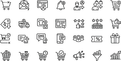 Vector line icon set of ecommerce shopping cart abandonment customer recovery remarketing discounts sms notifications retention funnel and analytics widgets © Fahim Abrar