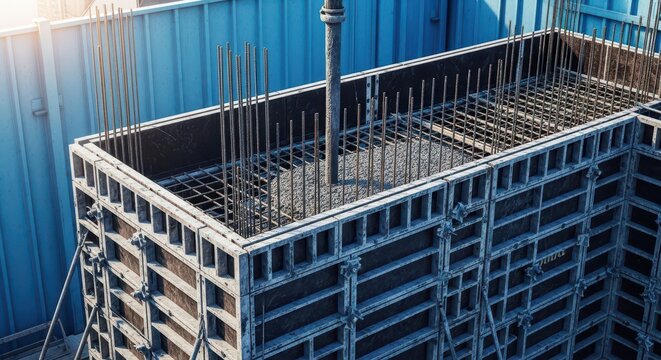 Capturing the complex modular formwork system used for high-rise concrete construction, illustrating continuous vertical pouring techniques, high-rise, structural, industrial