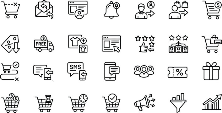 Vector line icon set of ecommerce shopping cart abandonment customer recovery remarketing discounts sms notifications retention funnel and analytics widgets