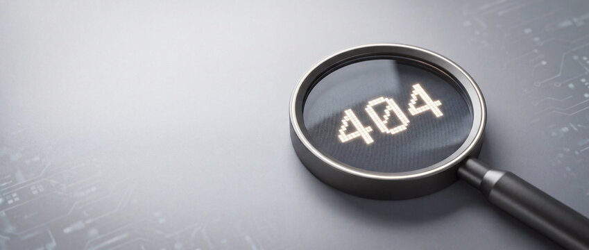 Magnifying glass over illuminated pixelated error code on a digital circuit board background, representing internet connection issues or broken links for web development and IT concepts