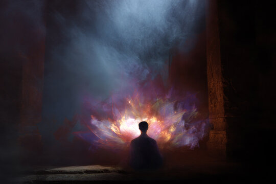 Seated figure facing a fiery glowing lotus in a mountain temple for spiritual wallpaper and sacred meditation background design