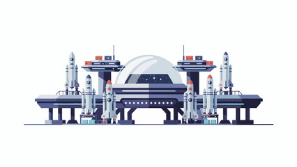 A futuristic space station base with multiple rockets stands on a white background © Rajamu