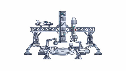 A futuristic space station with robotic arms and a spacecraft on a white background © Rajamu