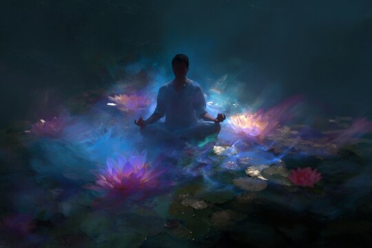 Meditating man hovering above a glowing lotus pool for spiritual meditation background and wellness poster with ethereal light and serene lotus reflections