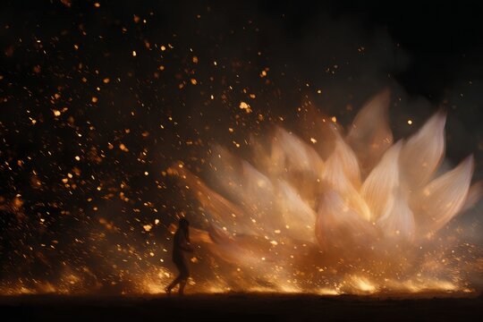 Man breathing fire beside a giant lotus of flames at night for dramatic bonfire banner and event background