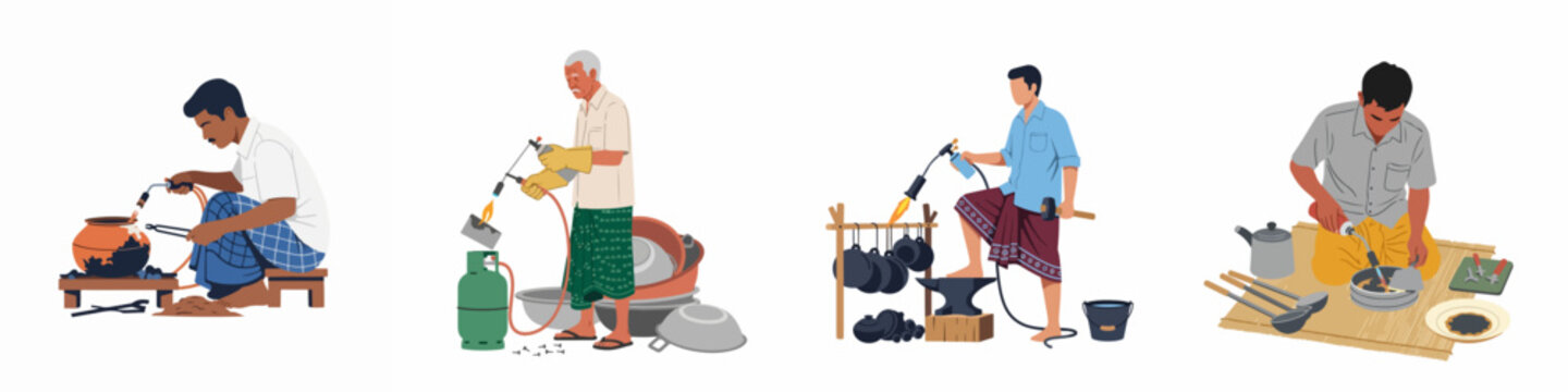 Collection of traditional Asian metalworkers using blowtorches to repair and craft metal cookware and utensils, isolated illustrations on a white background.