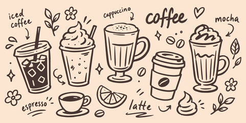 Plakat Coffee Drinks Doodle Set Hand Drawn Vector Illustration