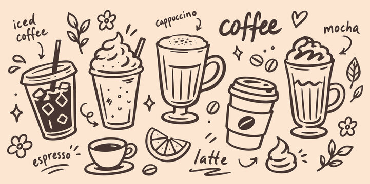 Coffee Drinks Doodle Set Hand Drawn Vector Illustration
