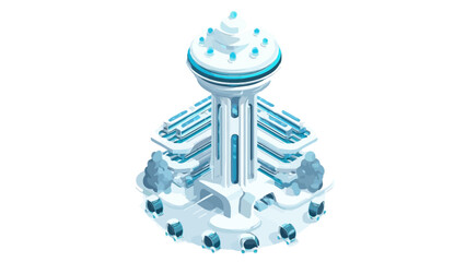 A futuristic tower stands in a clean white environment with glowing blue accents © Rajamu