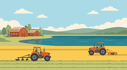 Rural farm landscape with tractors working fields and red barns © Pixelaraf