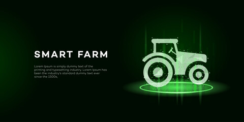 A futuristic white polygonal tractor with glowing green accents stands on a digital circle against a dark background, representing smart farm technology. © muhammad