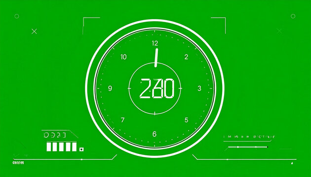 Futuristic digital clock interface with a green background, showing time and data visualization