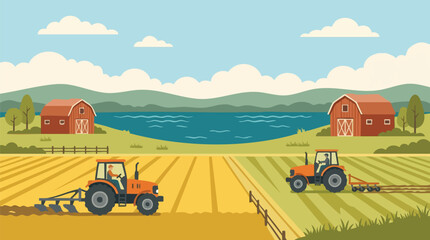 Tractors working in agricultural fields with barns and lake in rural landscape © Pixelaraf
