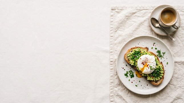 Avocado toast with poached egg and black coffee served on a ceramic plate with linen tablecloth background top view flat lay minimalist aesthetic photography
