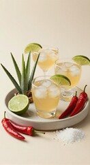 Fototapeta premium Cocktails with lime aloe and chili arranged on ceramic platter