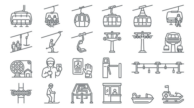 Linear ski resort icons and winter sport symbols.