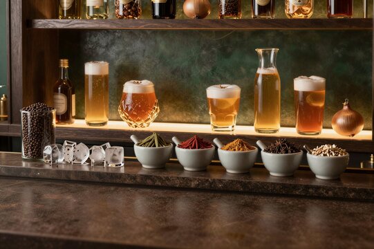 Poured beer glasses with spice bowls on wooden bar shelf