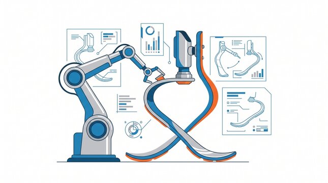 Flat vector illustration of an industrial robotic arm manufacturing a modern running blade prosthetic, representing biomechatronics and medical engineering