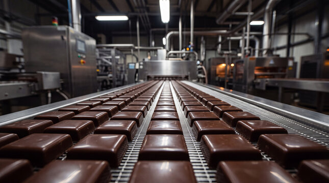 Chocolate bars moving on an automated production line conveyor belt in a modern confectionery factory during mass manufacturing process