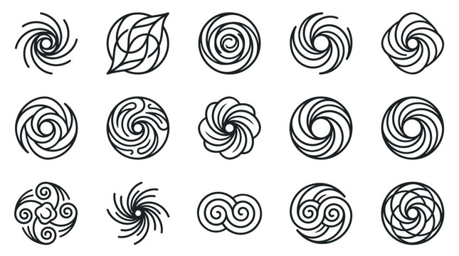 Minimalist black spiral and vortex logo collection.